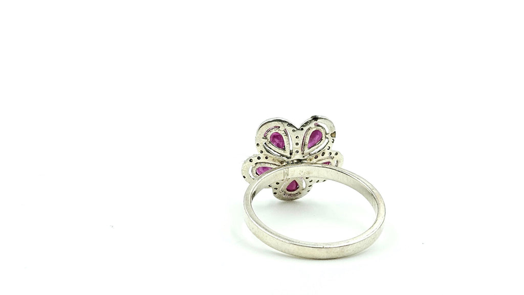 Five-Petal Pear Ruby Flower Ring – 925 Sterling Silver, 18K White Gold Vermeil