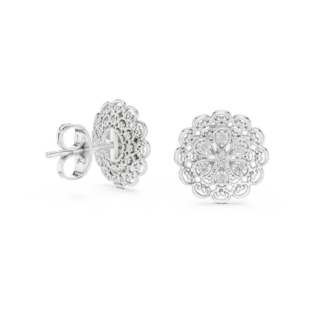Moissanite Filigree Flower Stud Earrings – 925 Sterling Silver, 18K Gold Vermeil