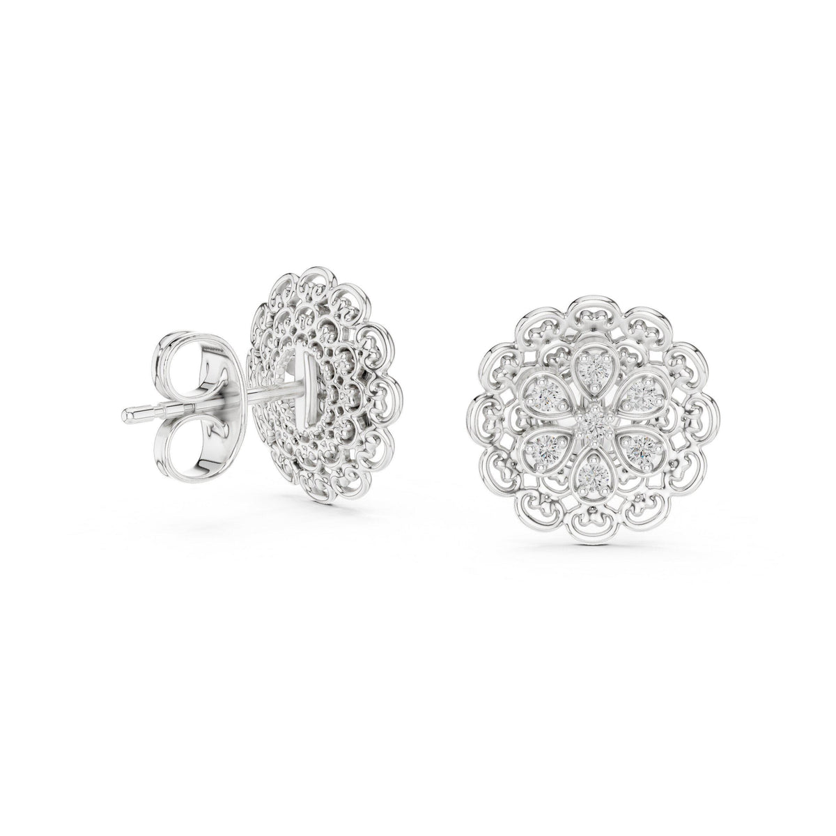 Moissanite Filigree Flower Stud Earrings – 925 Sterling Silver, 18K Gold Vermeil