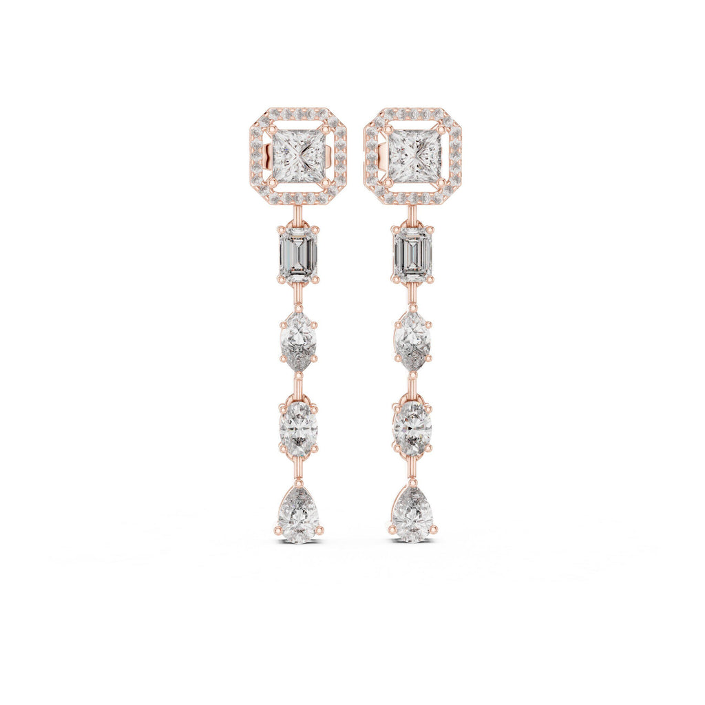 Princess Halo Moissanite Linear Drop Earrings – 925 Sterling Silver, 18K Rose Gold Vermeil