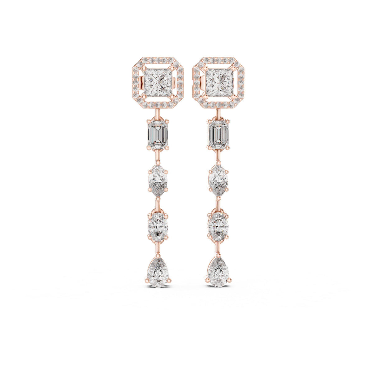 Princess Halo Moissanite Linear Drop Earrings – 925 Sterling Silver, 18K Rose Gold Vermeil