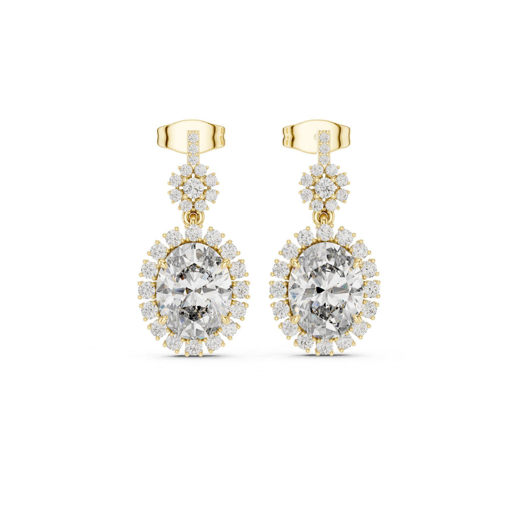 Oval Moissanite Sunburst Halo Drop Earrings – 925 Sterling Silver, 18K Gold Vermeil