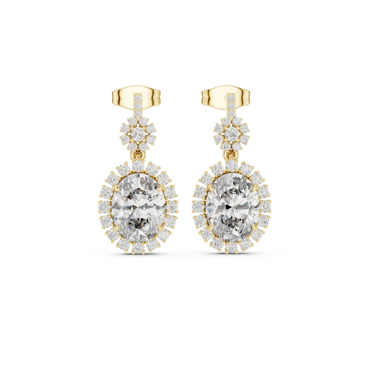 Oval Moissanite Sunburst Halo Drop Earrings – 925 Sterling Silver, 18K Gold Vermeil