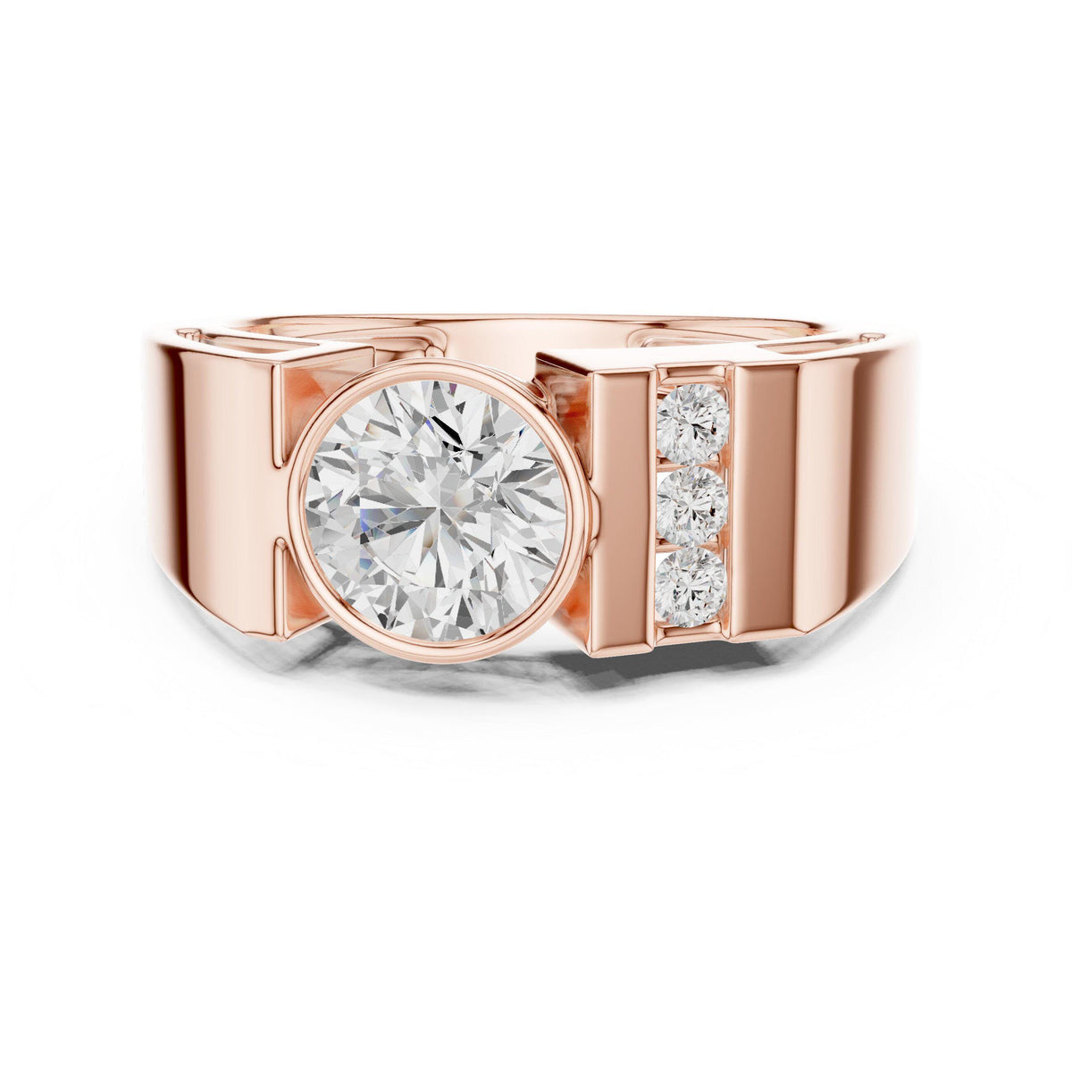 Men's Round Moissanite Ring with Pavé Side Panel – 925 Sterling Silver, 18K Gold Vermeil