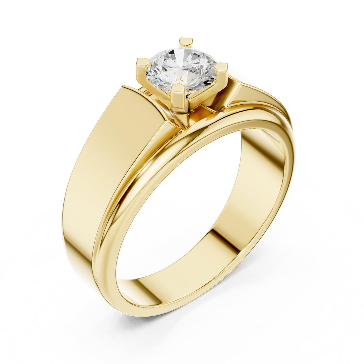 Men's Round Moissanite Four-Prong Ring, Wide Flat Band – 925 Sterling Silver, 18K Gold Vermeil