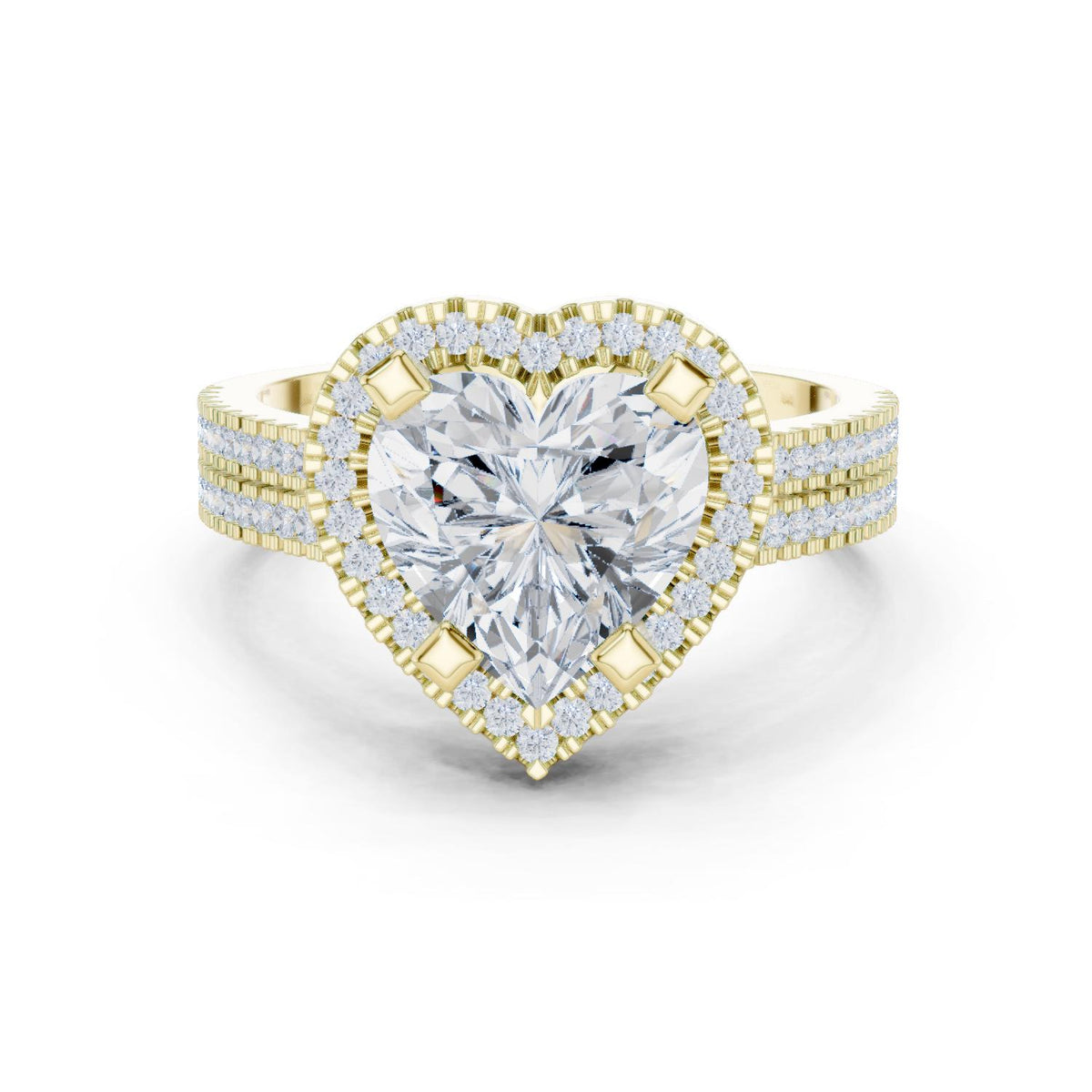 Heart-Shaped Moissanite Halo Ring with Triple-Row Pavé Band – 925 Sterling Silver, 18K Gold Vermeil