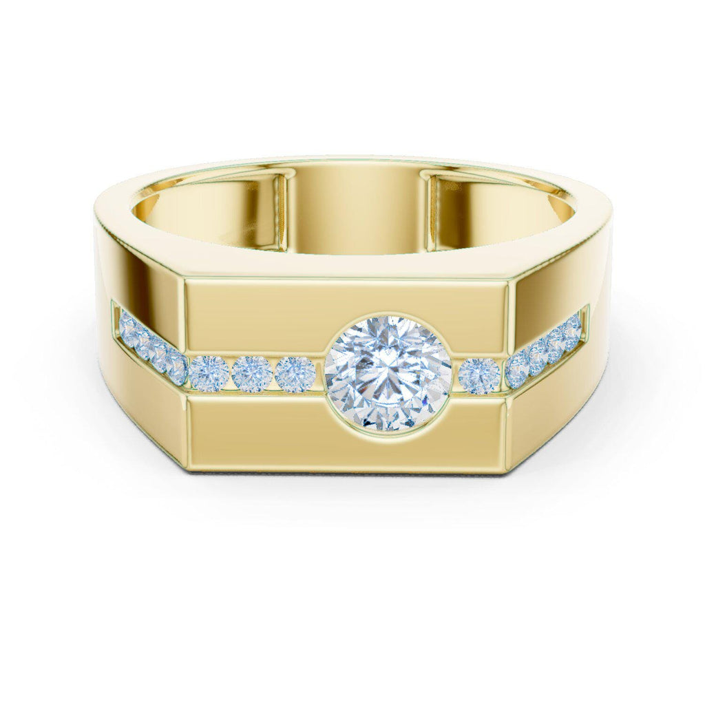 Men's Round Moissanite Ring with Channel Strip, Hexagon Top – 925 Sterling Silver, 18K Gold Vermeil