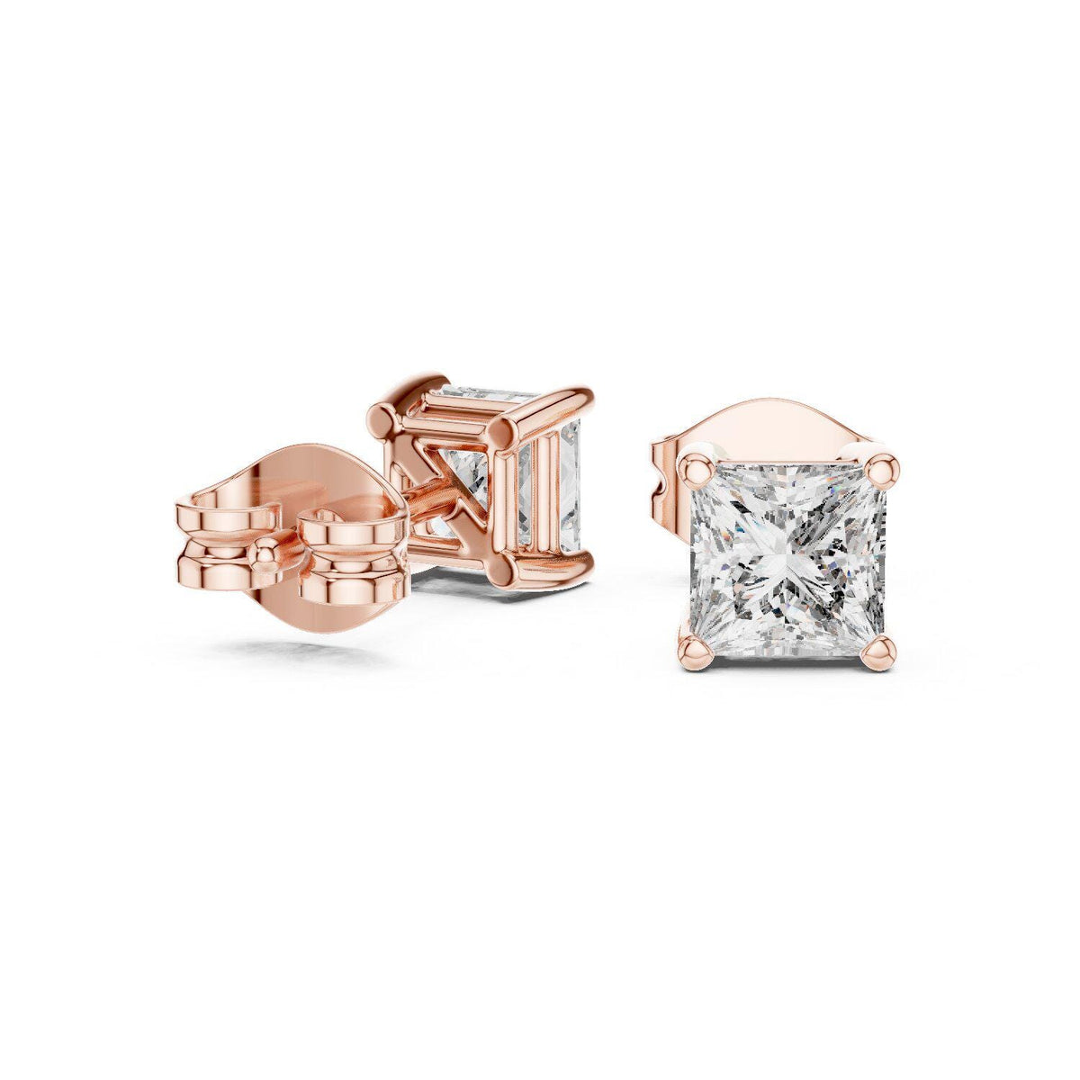 Princess Moissanite Solitaire Stud Earrings – 925 Sterling Silver, 18K Gold Vermeil