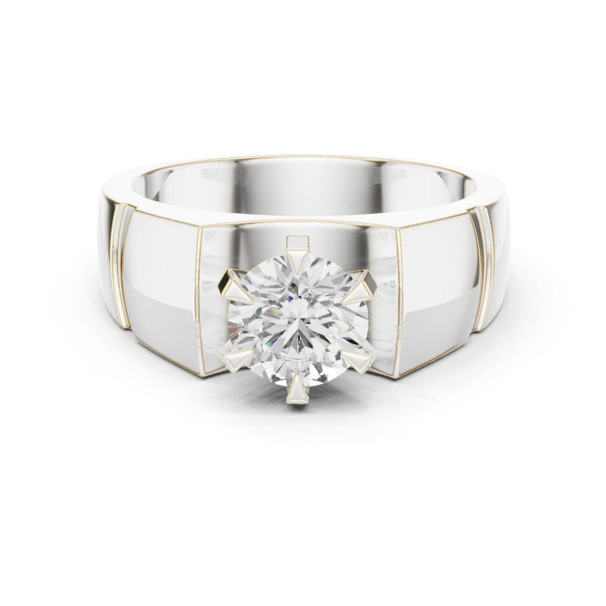 Men's Round Moissanite Ring, Angular Stepped Band – 925 Sterling Silver, 18K Gold Vermeil
