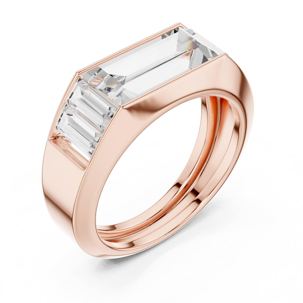 Men's Three-Stone Emerald-Cut Moissanite Ring – 925 Sterling Silver, 18K Gold Vermeil