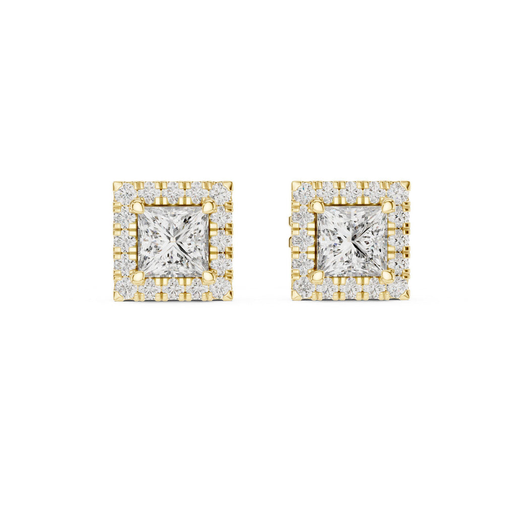 Princess Moissanite Square Halo Stud Earrings – 925 Sterling Silver, 18K Gold Vermeil