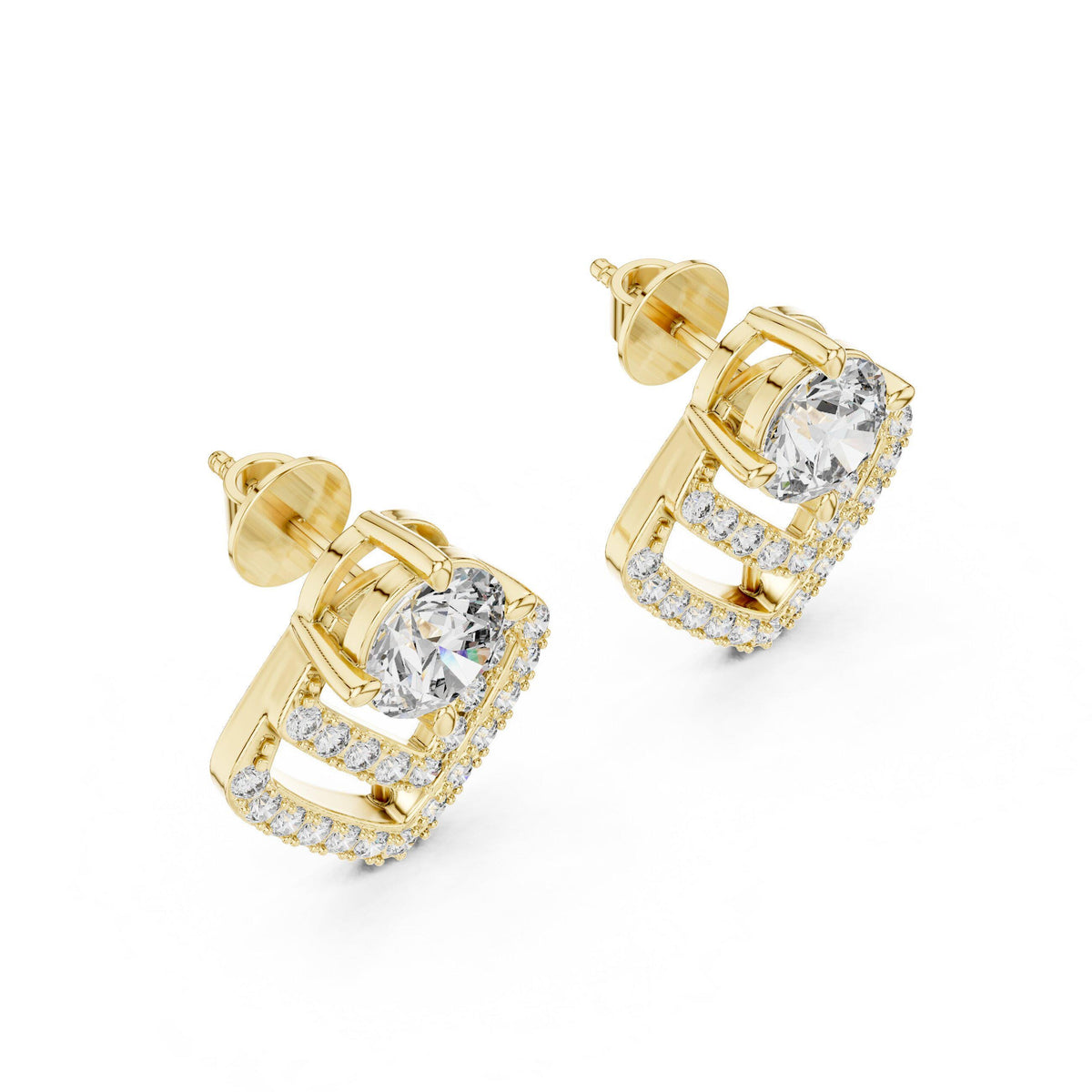Round Moissanite Chevron Halo Stud Earrings – 925 Sterling Silver, 18K Gold Vermeil
