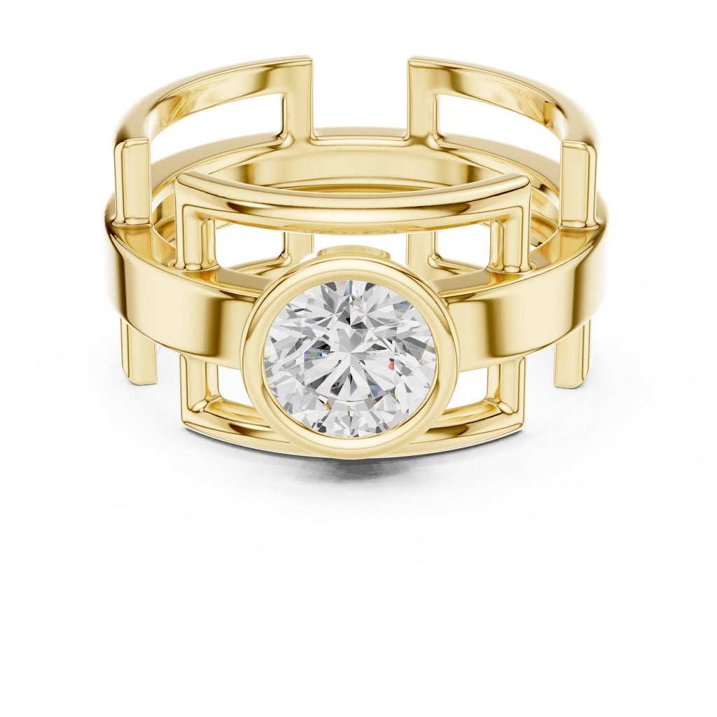 Men's Geometric Lattice Ring with Round Moissanite – 925 Sterling Silver, 18K Gold Vermeil