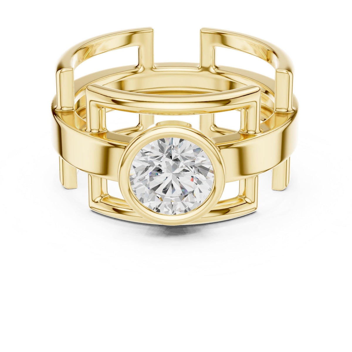 Men's Geometric Lattice Ring with Round Moissanite – 925 Sterling Silver, 18K Gold Vermeil