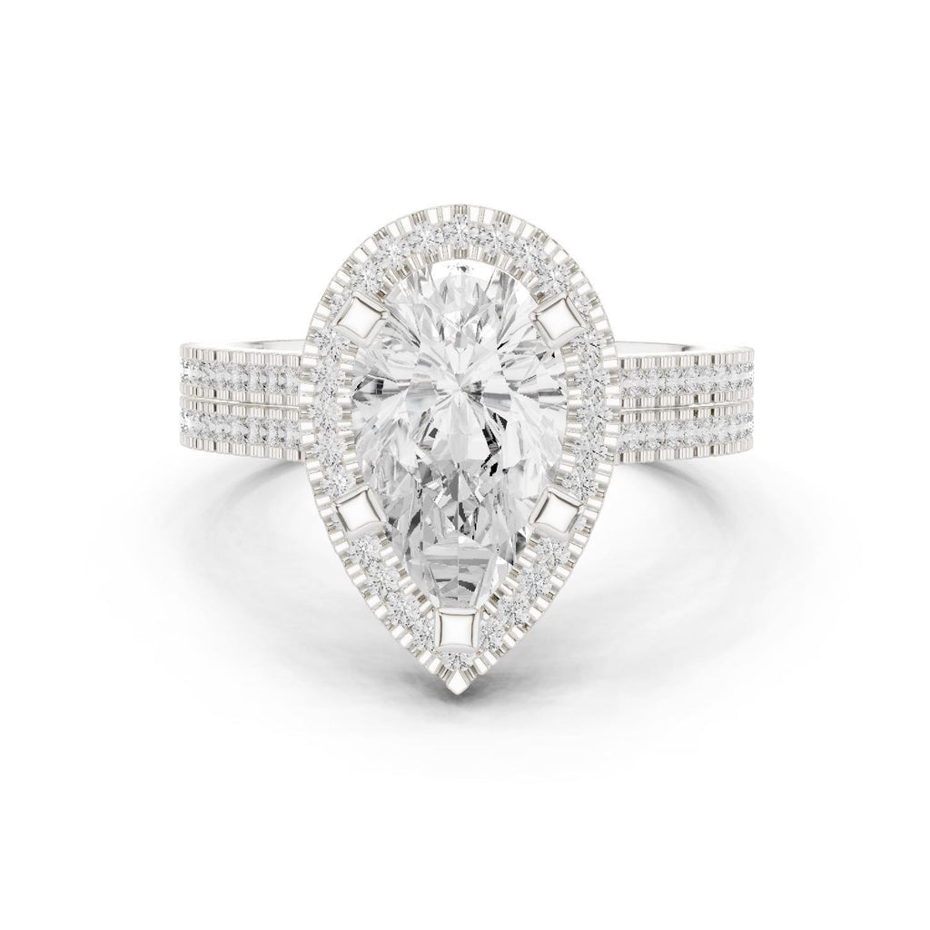 Pear Moissanite Halo Ring with Triple-Row Pavé Band – 925 Sterling Silver, 18K Gold Vermeil