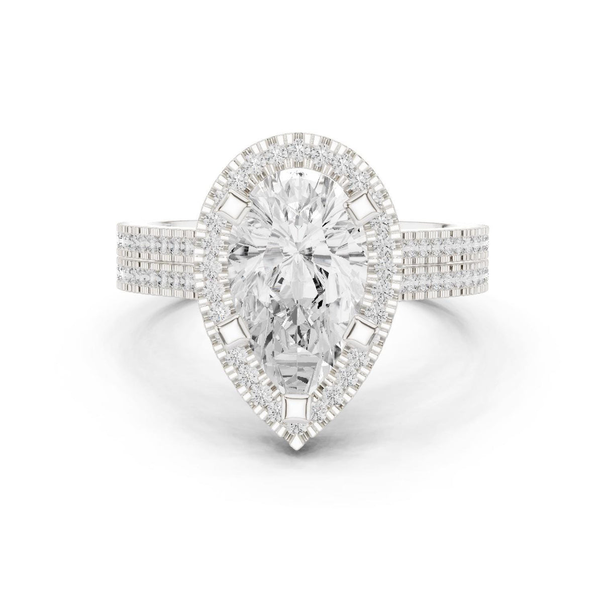 Pear Moissanite Halo Ring with Triple-Row Pavé Band – 925 Sterling Silver, 18K Gold Vermeil