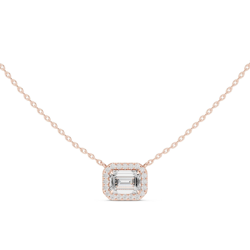 Emerald-Cut Moissanite East-West Halo Necklace – 925 Sterling Silver, 18K Gold Vermeil