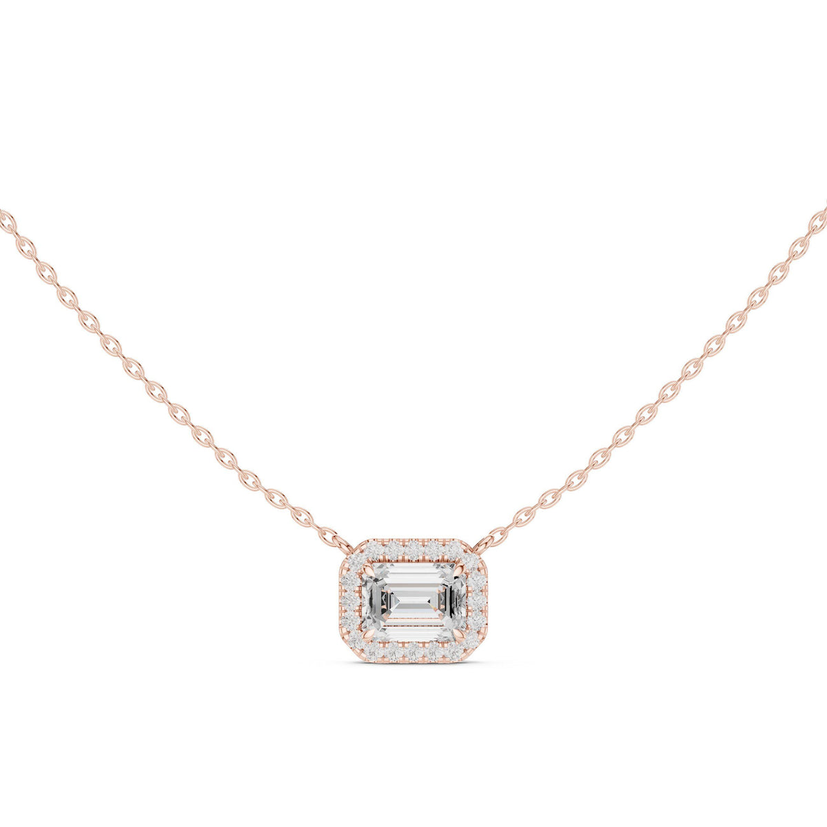 Emerald-Cut Moissanite East-West Halo Necklace – 925 Sterling Silver, 18K Gold Vermeil