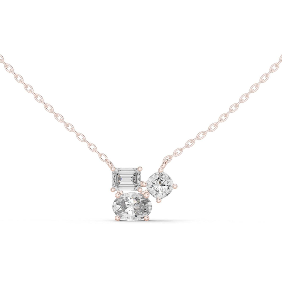 Mixed-Cut Moissanite Three-Stone Cluster Necklace – 925 Sterling Silver, 18K Gold Vermeil