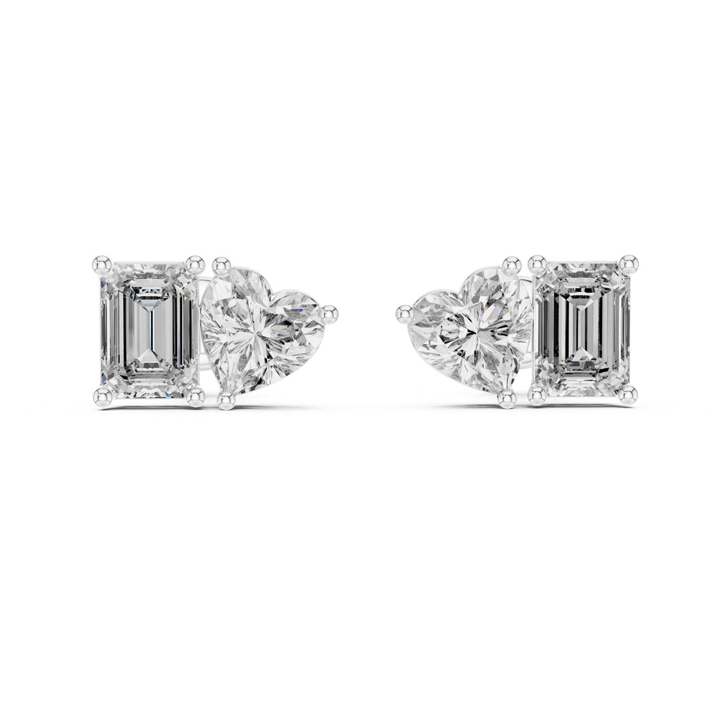 Heart & Emerald-Cut Moissanite Toi et Moi Stud Earrings – 925 Sterling Silver, 18K Gold Vermeil