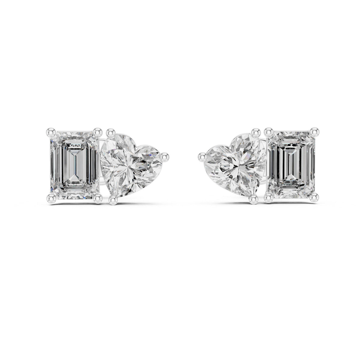 Heart & Emerald-Cut Moissanite Toi et Moi Stud Earrings – 925 Sterling Silver, 18K Gold Vermeil