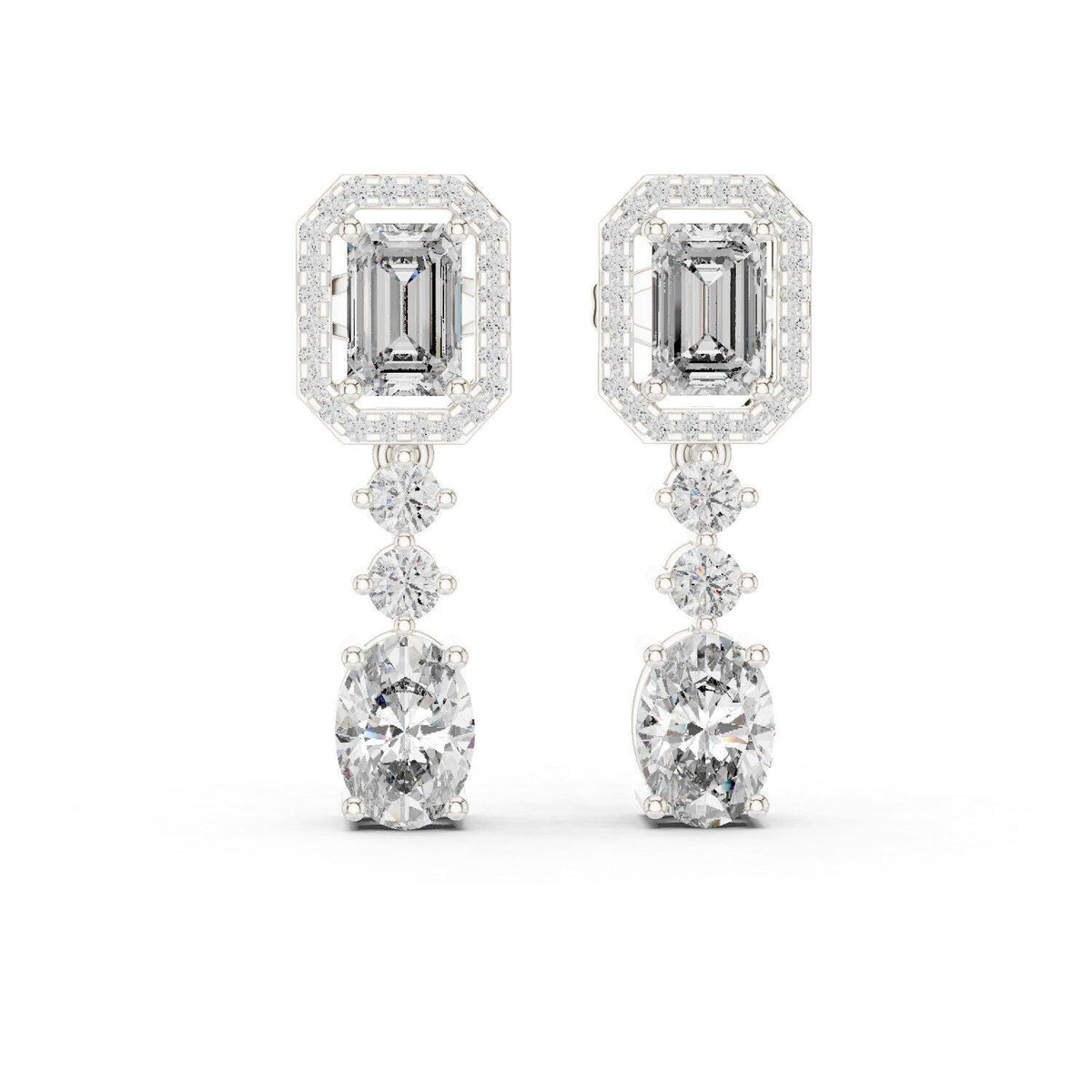 Emerald-Cut Halo Moissanite Drop Earrings – 925 Sterling Silver, 18K Gold Vermeil