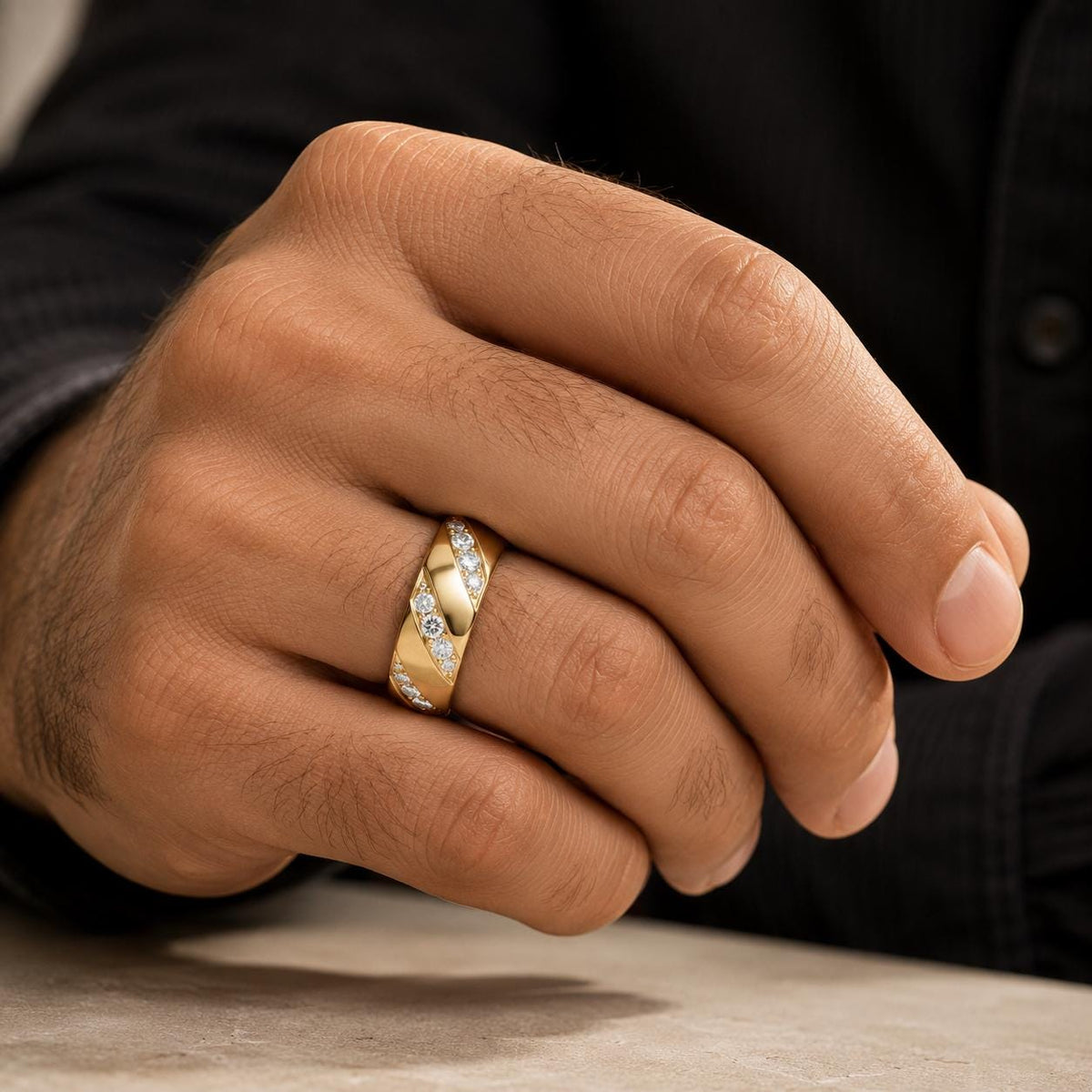 Men's Domed Band with Diagonal Pavé Moissanite Accents – 925 Sterling Silver, 18K Gold Vermeil