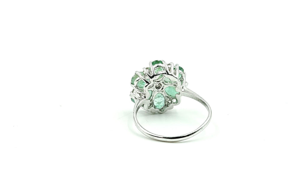 Pear Emerald Flower Ring with Diamond Centre – 925 Sterling Silver, 18K White Gold Vermeil