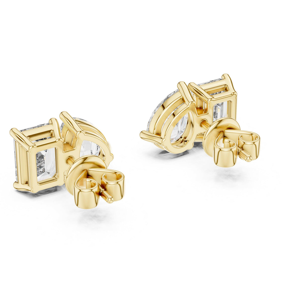 Heart & Emerald-Cut Moissanite Toi et Moi Stud Earrings – 925 Sterling Silver, 18K Gold Vermeil