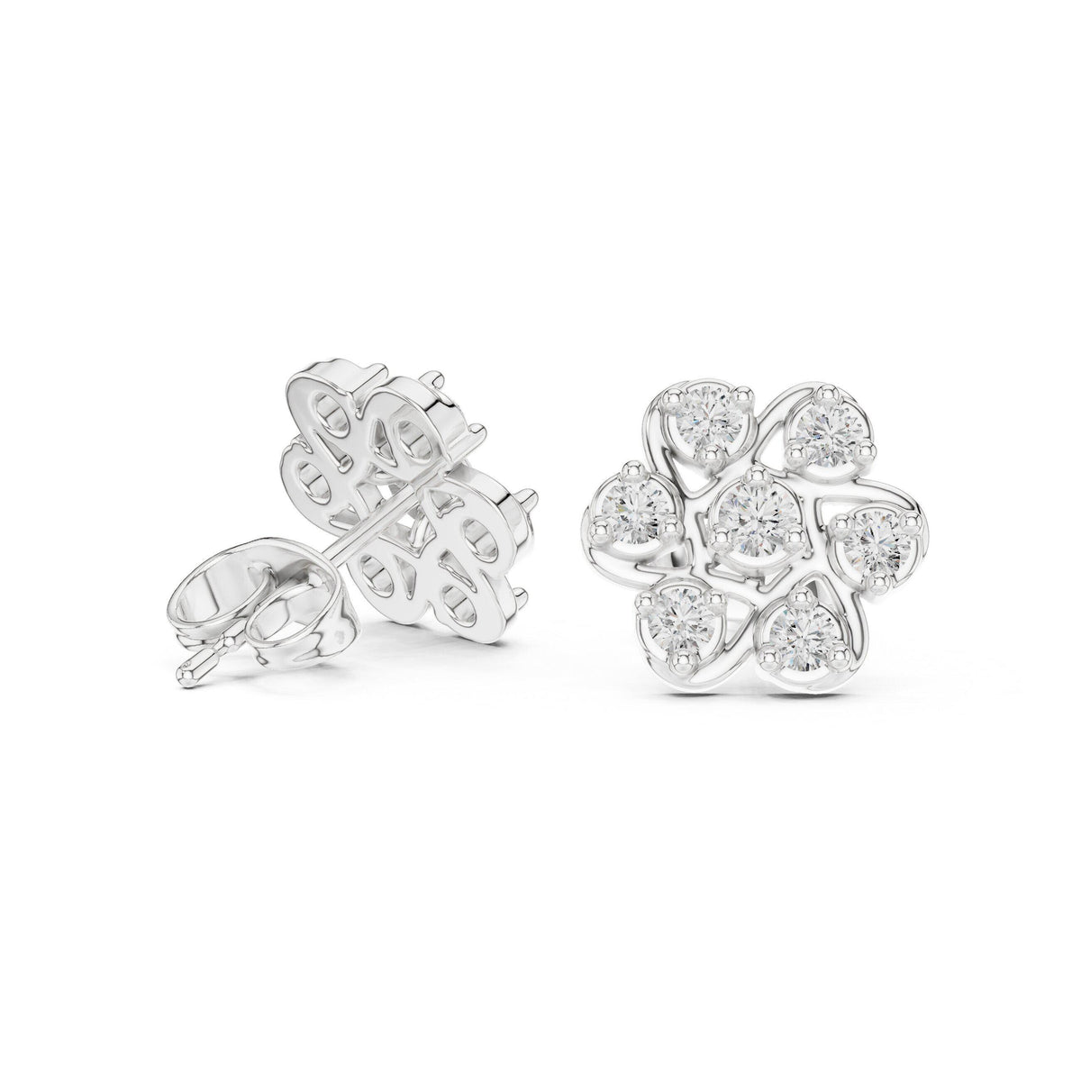 Moissanite Pinwheel Flower Stud Earrings – 925 Sterling Silver, 18K Gold Vermeil