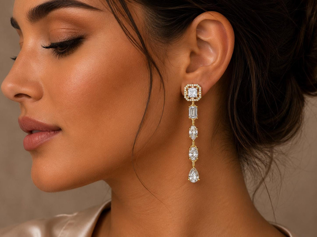Princess Halo Moissanite Linear Drop Earrings – 925 Sterling Silver, 18K Rose Gold Vermeil