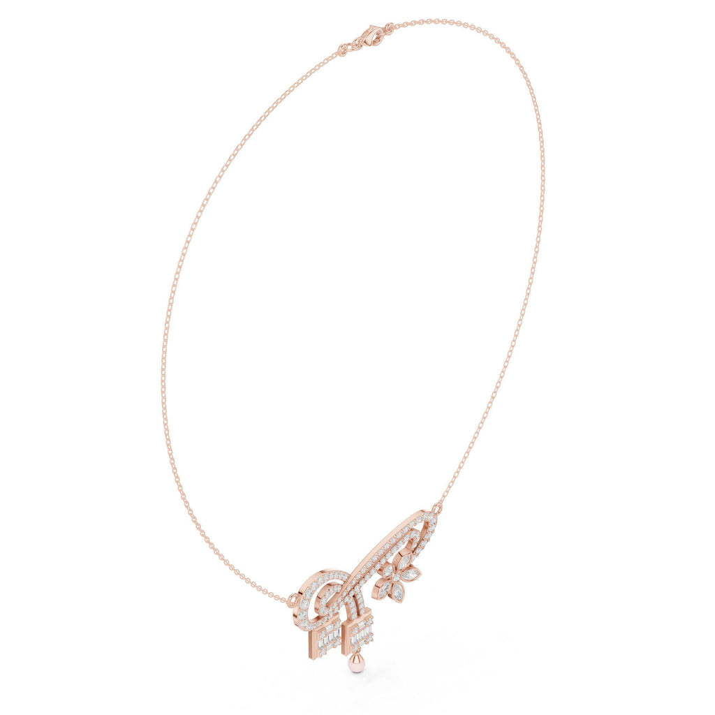 Moissanite Pavé Flower & Baguette Drop Necklace – 925 Sterling Silver, 18K Gold Vermeil