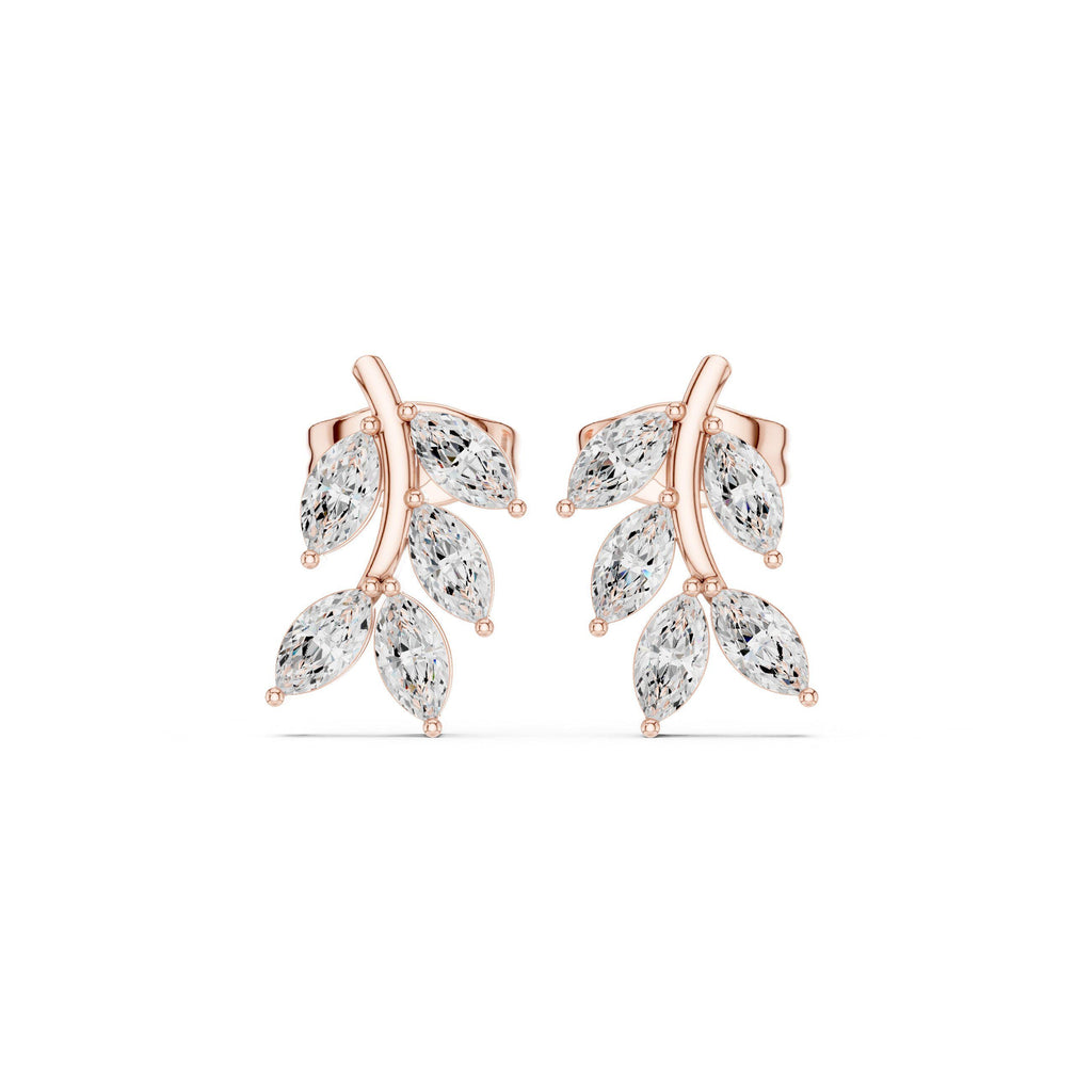 Marquise Moissanite Leaf Vine Stud Earrings – 925 Sterling Silver, 18K Gold Vermeil