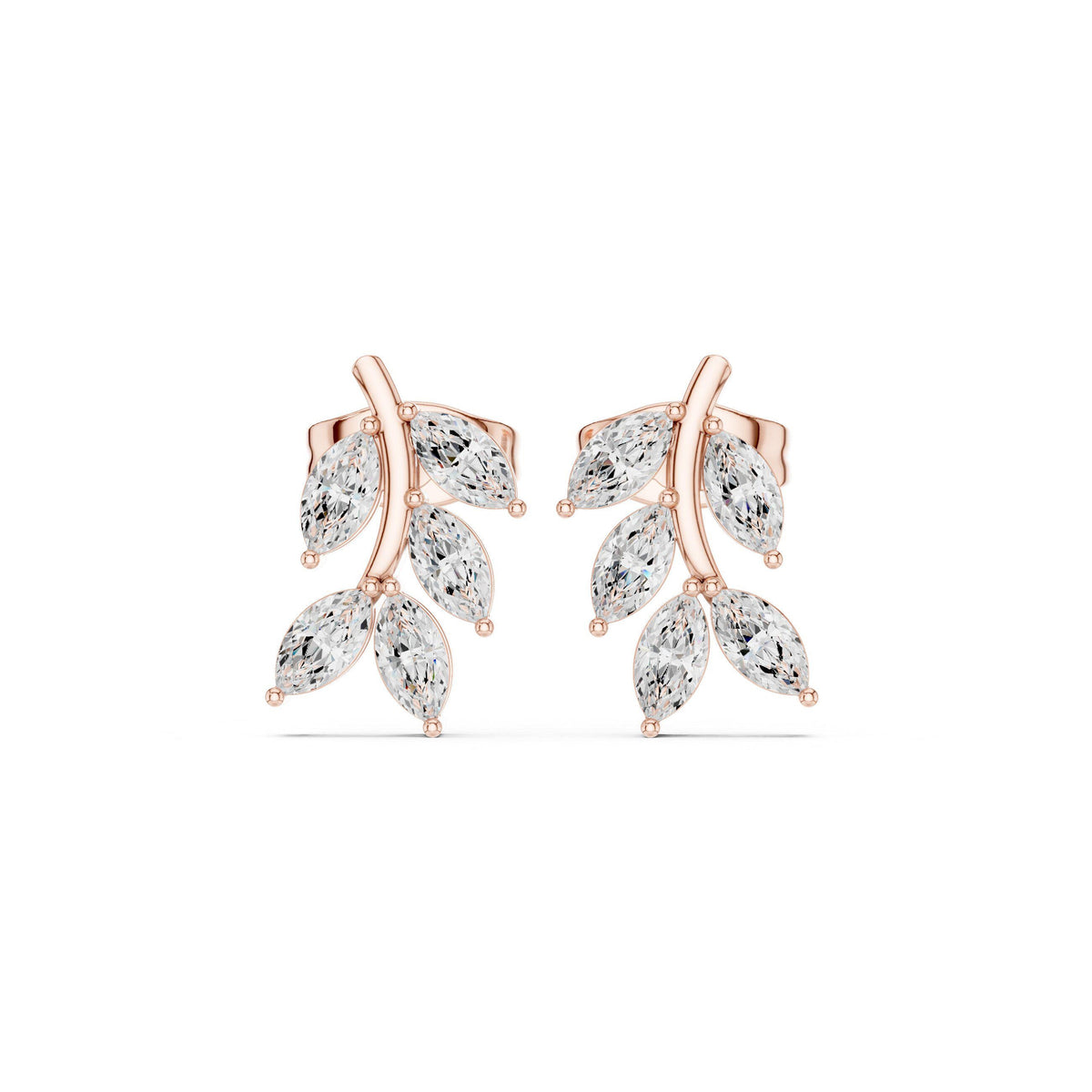 Marquise Moissanite Leaf Vine Stud Earrings – 925 Sterling Silver, 18K Gold Vermeil