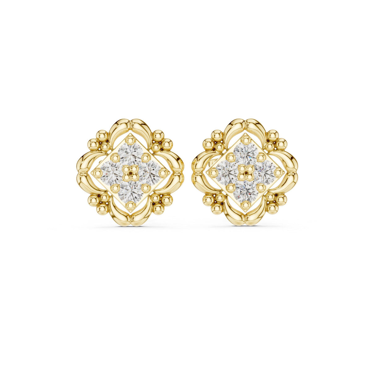 Moissanite Filigree Quatrefoil Stud Earrings – 925 Sterling Silver, 18K Gold Vermeil