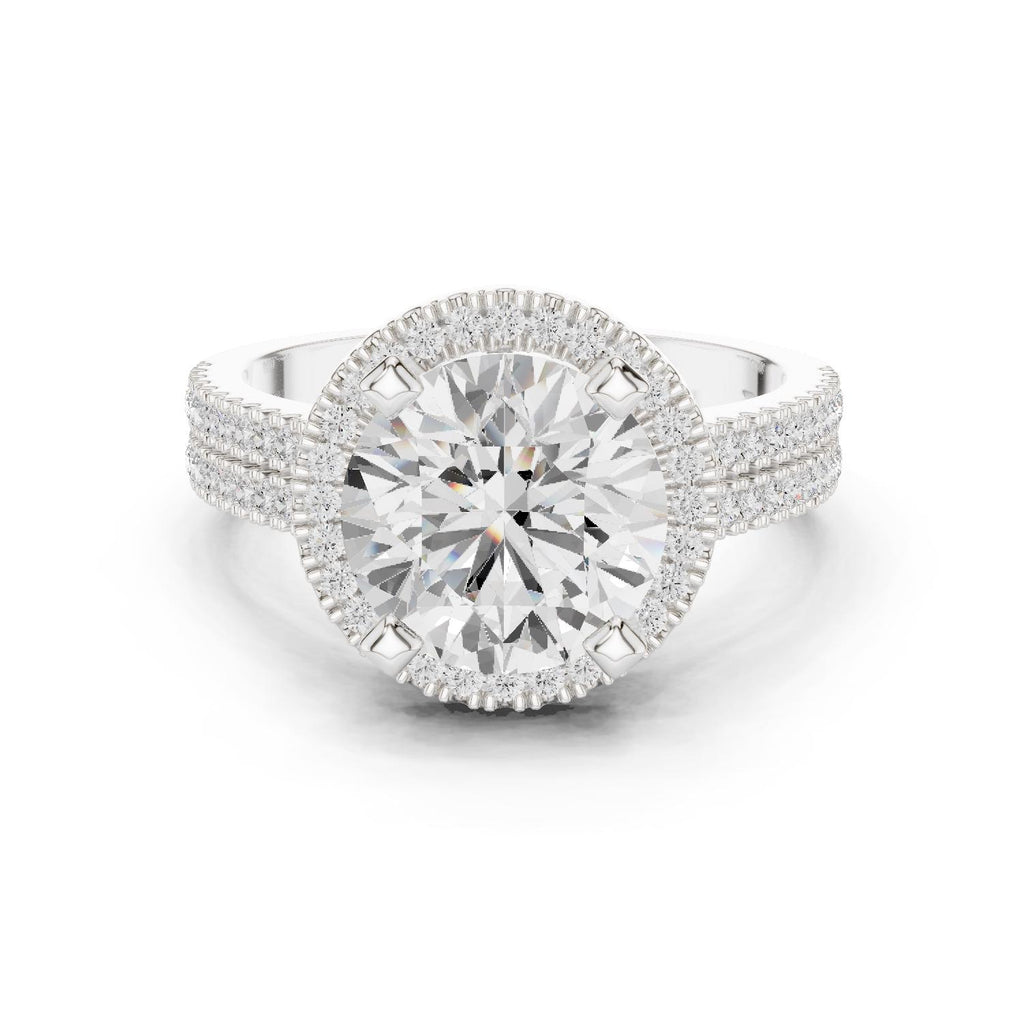 Round Moissanite Halo Ring with Triple-Row Pavé Band – 925 Sterling Silver, 18K Gold Vermeil