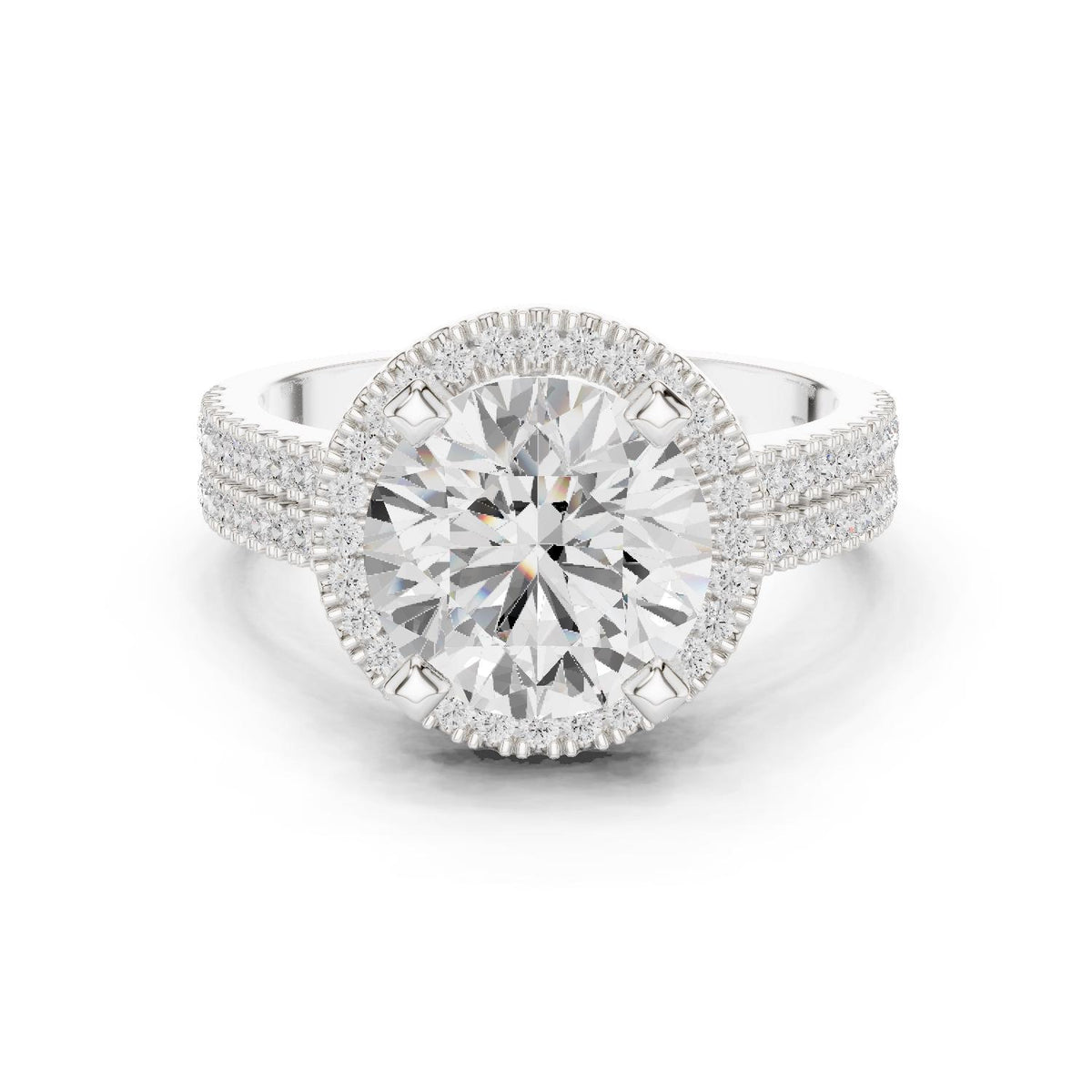 Round Moissanite Halo Ring with Triple-Row Pavé Band – 925 Sterling Silver, 18K Gold Vermeil
