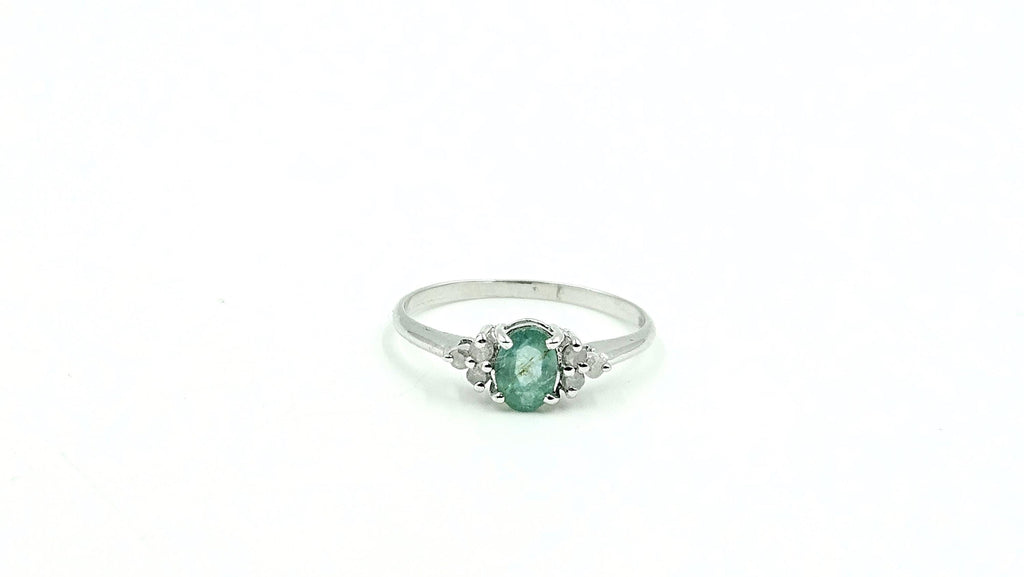 Oval Emerald Ring with Diamond-Set Shoulders – 925 Sterling Silver, 18K White Gold Vermeil