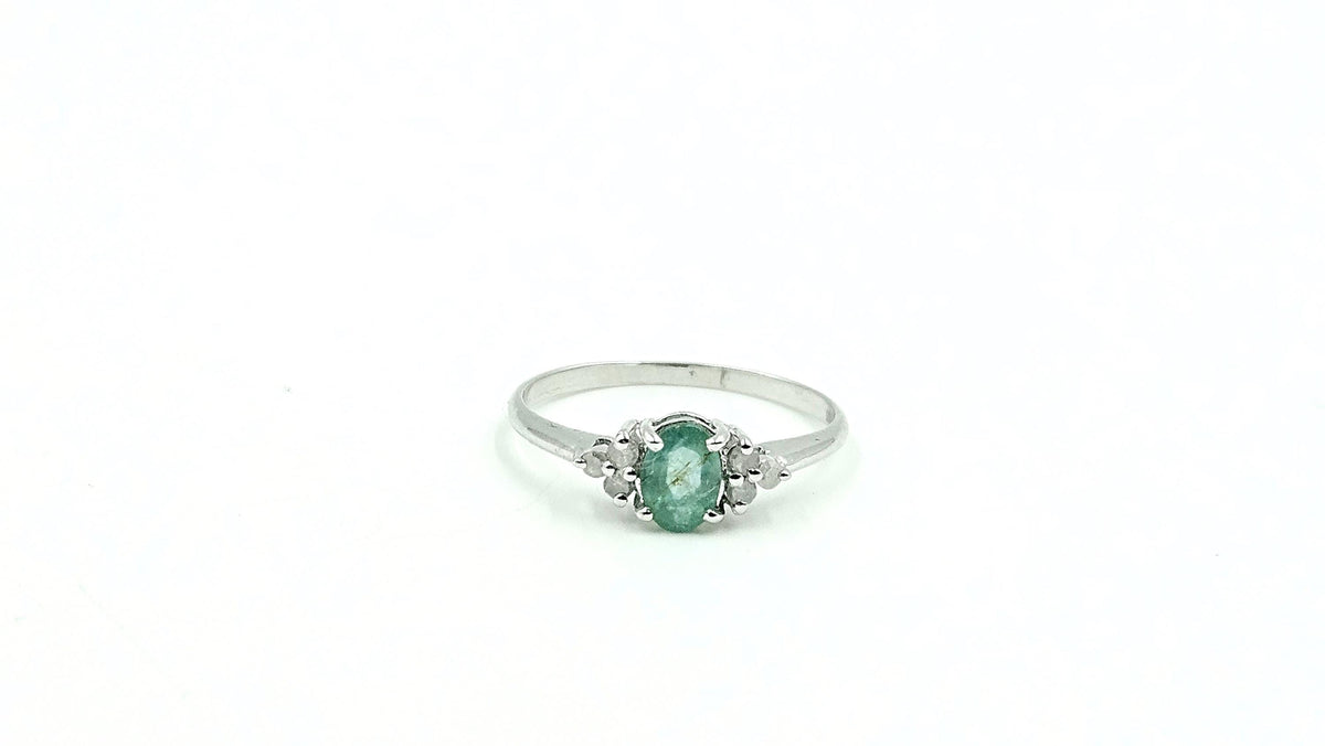 Oval Emerald Ring with Diamond-Set Shoulders – 925 Sterling Silver, 18K White Gold Vermeil
