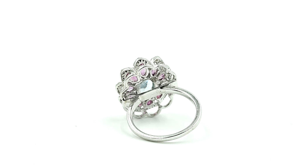 Aquamarine & Ruby Flower Halo Ring with Diamonds – 925 Sterling Silver, 18K White Gold Vermeil