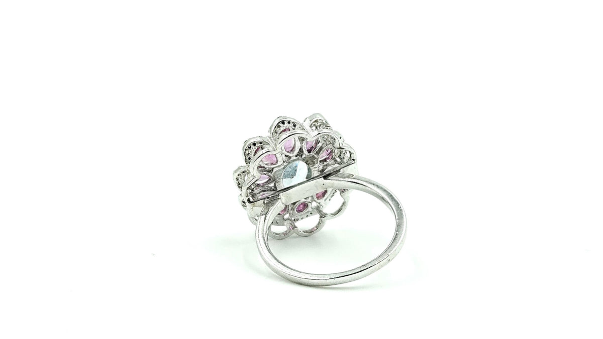 Aquamarine & Ruby Flower Halo Ring with Diamonds – 925 Sterling Silver, 18K White Gold Vermeil