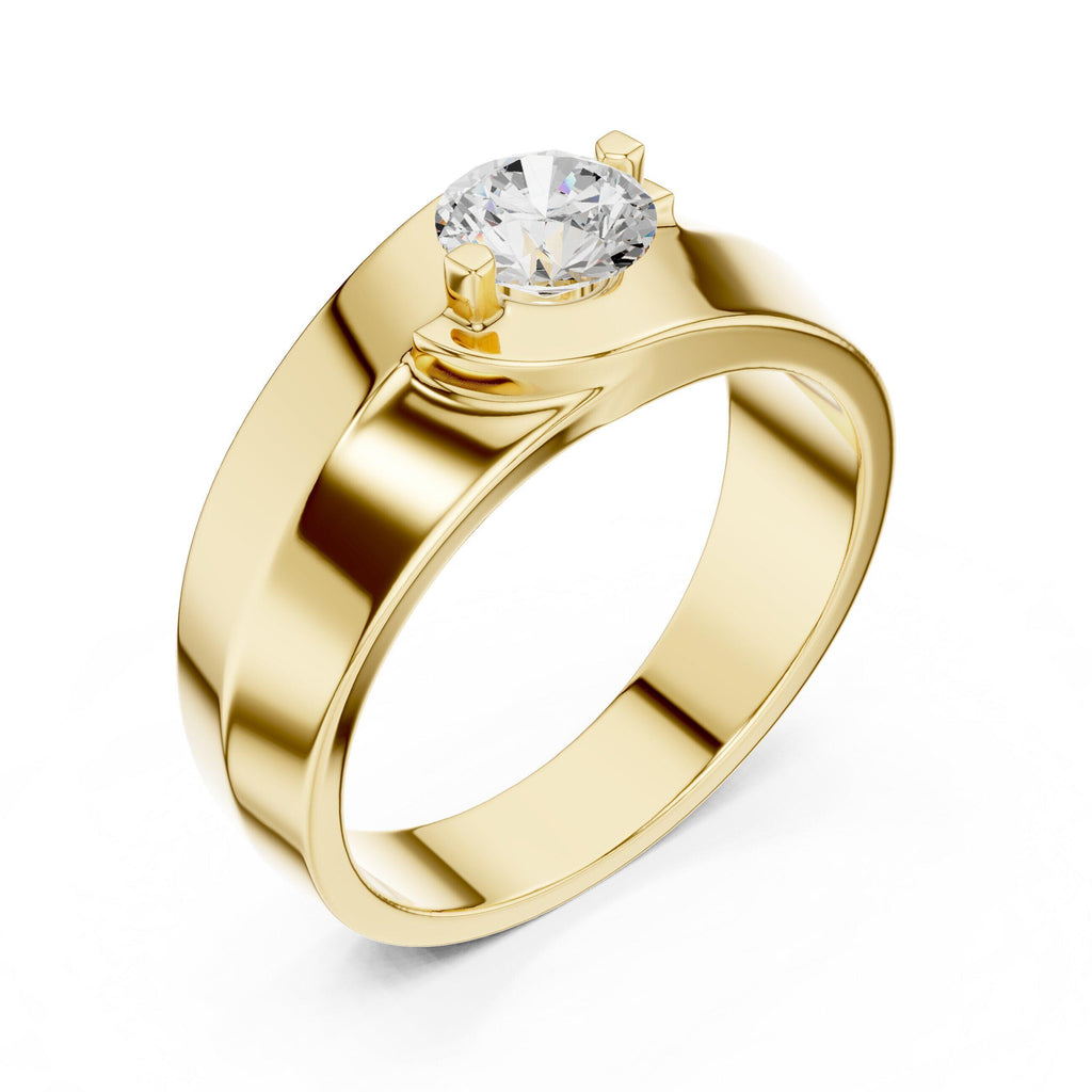 Men's Round Moissanite Ring, Tapered Wide Band – 925 Sterling Silver, 18K Gold Vermeil