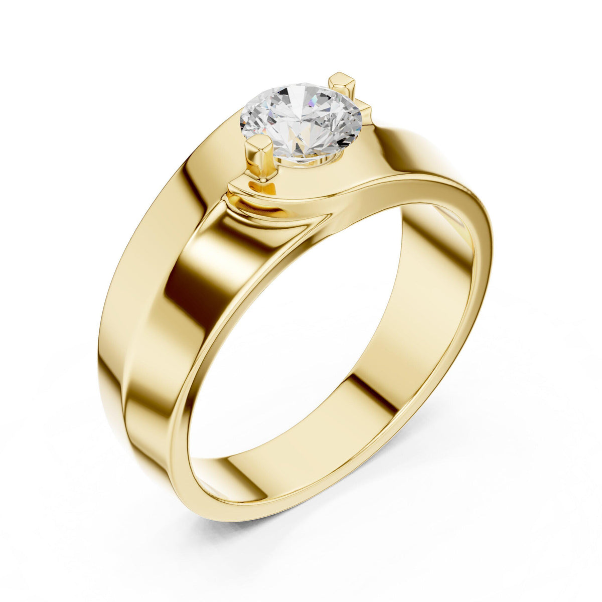 Men's Round Moissanite Ring, Tapered Wide Band – 925 Sterling Silver, 18K Gold Vermeil