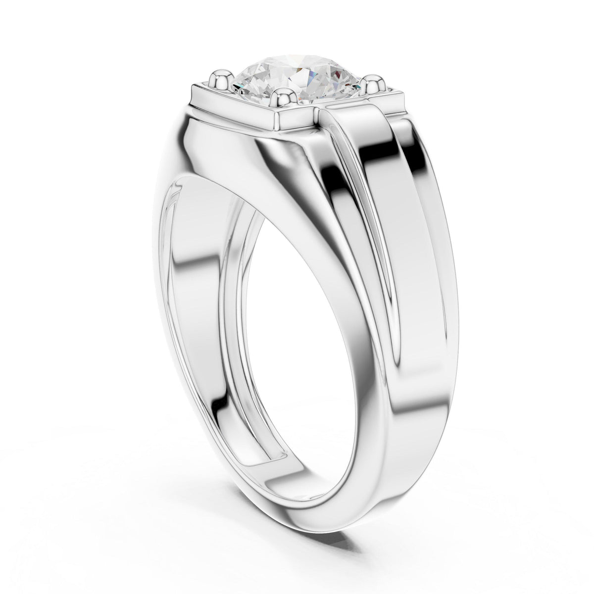 Men's Round Moissanite Signet Ring with Stepped Shoulders – 925 Sterling Silver, 18K Gold Vermeil