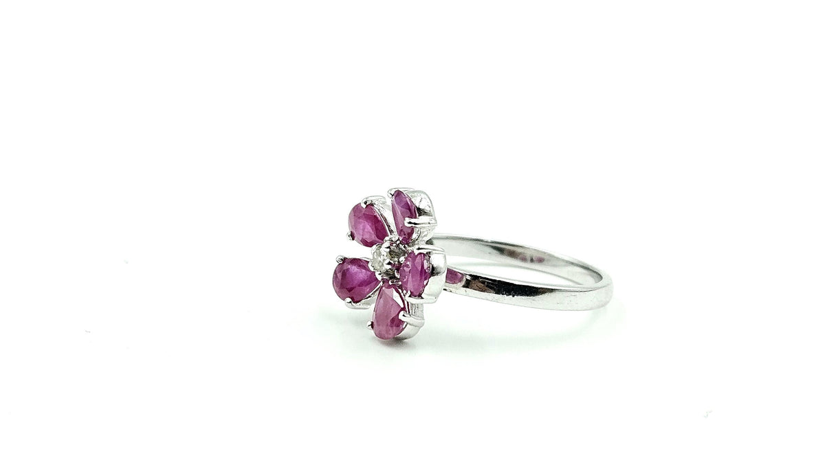 Five-Petal Pear Ruby & Diamond Flower Ring – 925 Sterling Silver, 18K White Gold Vermeil