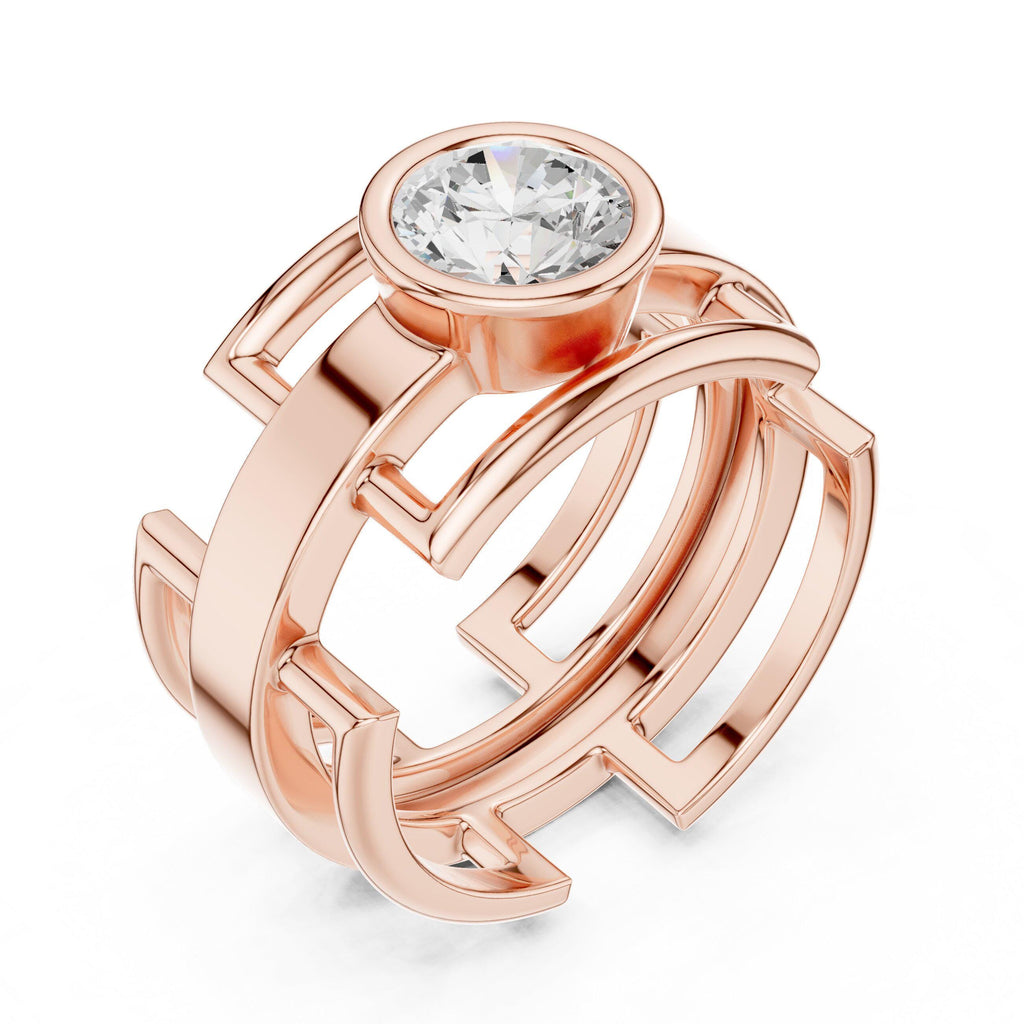 Men's Geometric Lattice Ring with Round Moissanite – 925 Sterling Silver, 18K Gold Vermeil