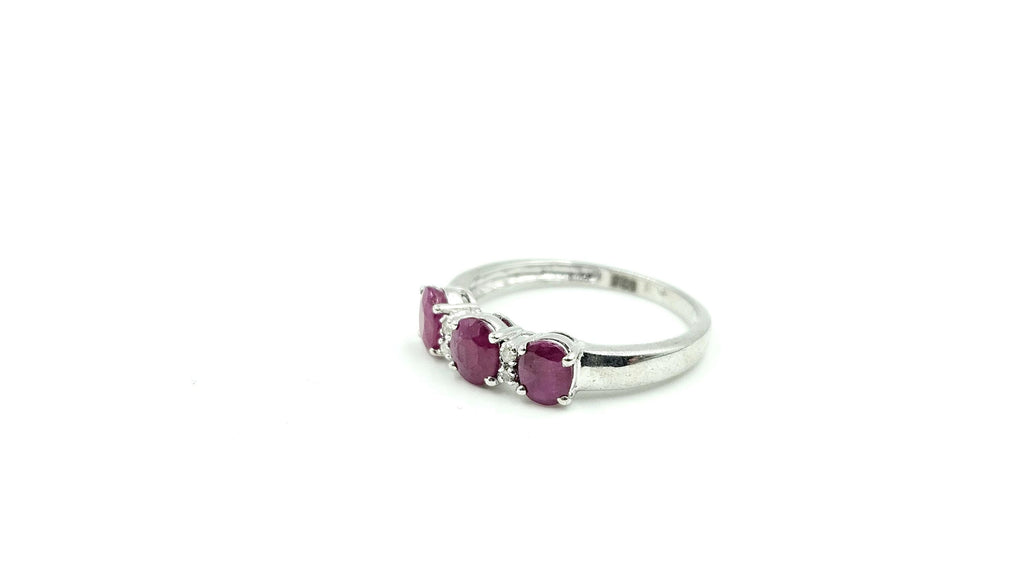 Three-Stone Ruby Ring with Diamond Accents – 925 Sterling Silver, 18K White Gold Vermeil