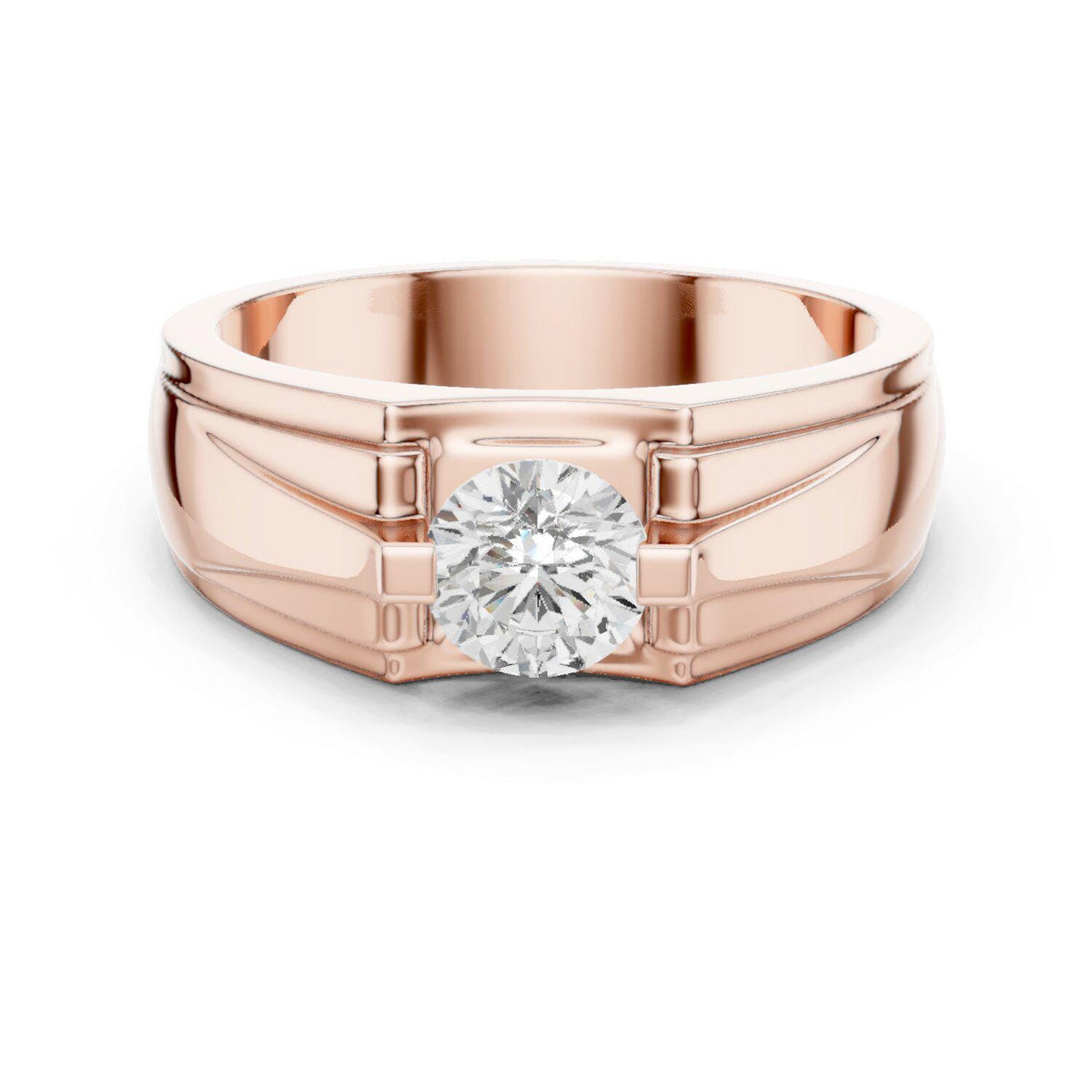 Men's Round Moissanite Ring, Stepped Square Setting – 925 Sterling Silver, 18K Gold Vermeil