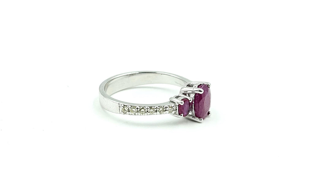Oval Ruby Three-Stone Ring with Diamond Band – 925 Sterling Silver, 18K White Gold Vermeil