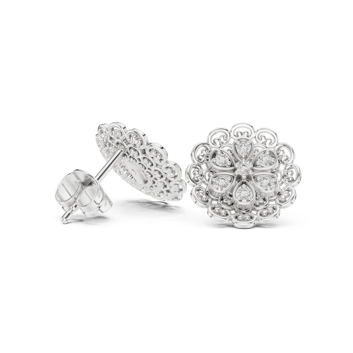 Moissanite Filigree Medallion Stud Earrings – 925 Sterling Silver, 18K Gold Vermeil
